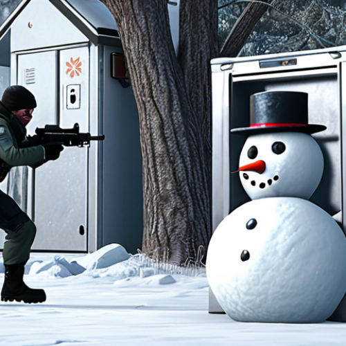 Home 6 **Icebox B Site Snowman Ambush:** "A Valorant agent, hidden behind a snowman on Icebox's B site, aiming a Vandal at an approaching enemy team. Focus on the element of surprise and winter environment details."