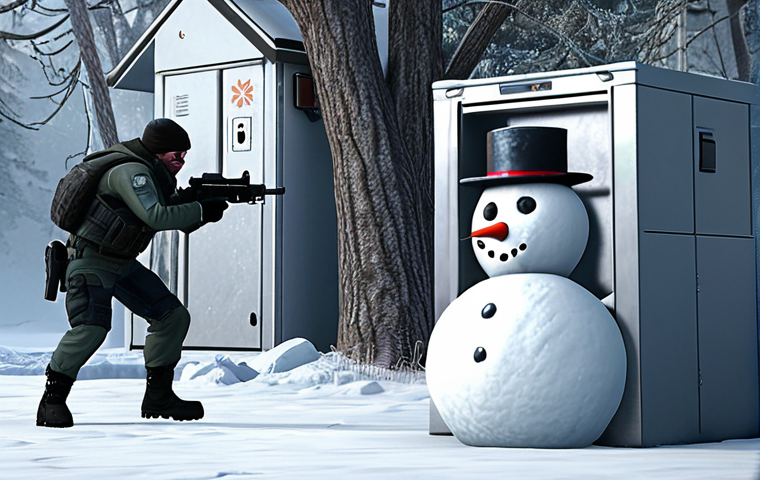 **Icebox B Site Snowman Ambush:** "A Valorant agent, hidden behind a snowman on Icebox's B site, aiming a Vandal at an approaching enemy team. Focus on the element of surprise and winter environment details."