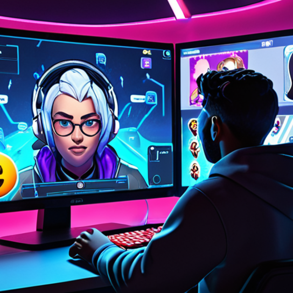A dynamic illustration of a modern Valorant content creator, sitting at a vibrant gaming setup. The creator, a diverse individual, is immersed in gameplay on one screen, showing intense action and headshots. Simultaneously, on another screen or as holographic projections around them, elements representing creative storytelling, emotional connection, and unique challenges are visible: thought bubbles with character lore, audience chat overlays with emojis, and symbols of quirky in-game experiments (e.g., a "no-aim challenge" icon). The art style should be energetic and contemporary, blending gaming aesthetics with human connection.