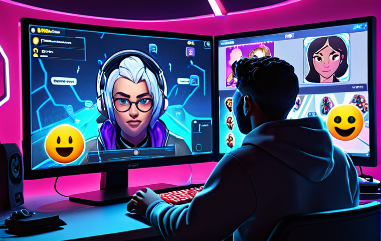 A dynamic illustration of a modern Valorant content creator, sitting at a vibrant gaming setup. The creator, a diverse individual, is immersed in gameplay on one screen, showing intense action and headshots. Simultaneously, on another screen or as holographic projections around them, elements representing creative storytelling, emotional connection, and unique challenges are visible: thought bubbles with character lore, audience chat overlays with emojis, and symbols of quirky in-game experiments (e.g., a "no-aim challenge" icon). The art style should be energetic and contemporary, blending gaming aesthetics with human connection.