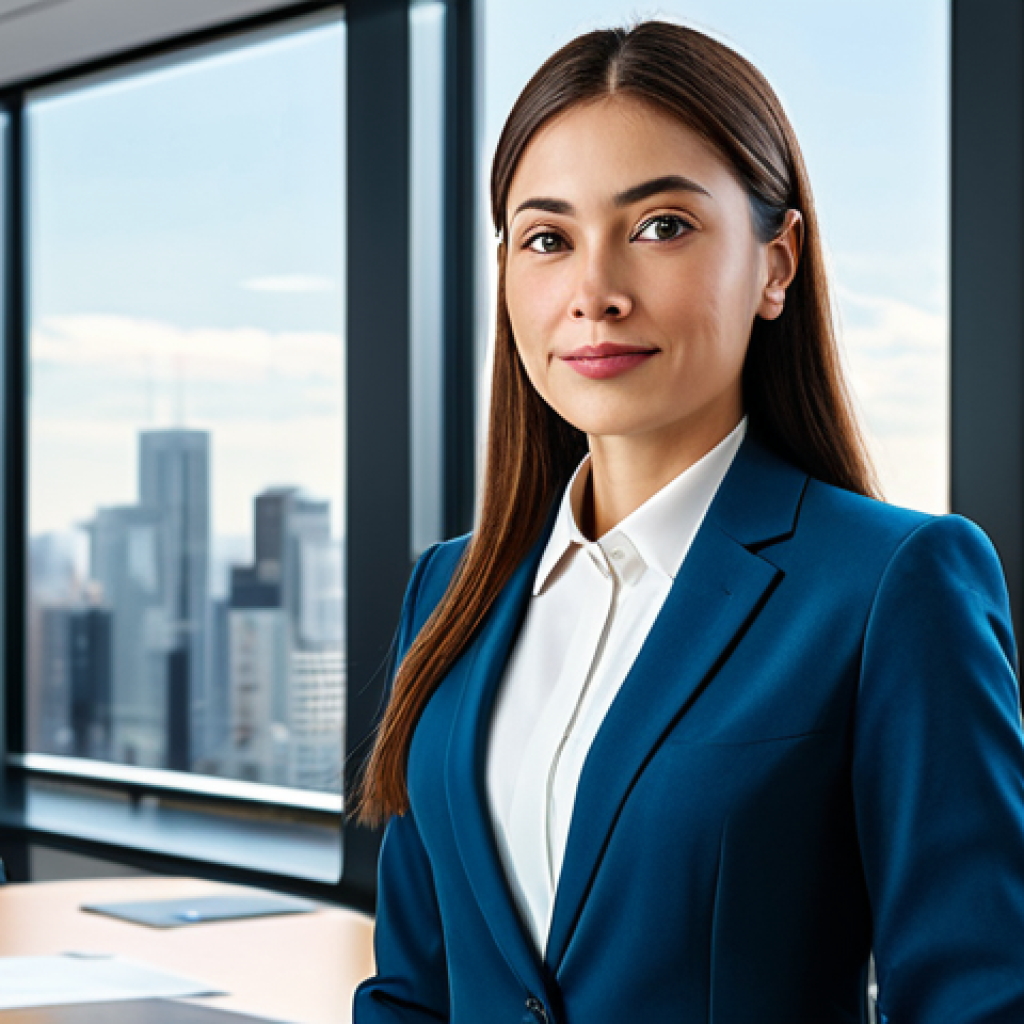 **A professional businesswoman in a modern office.** She is wearing a modest business suit. The office is bright and clean, with large windows overlooking a city skyline. Safe for work, appropriate content, fully clothed, professional, perfect anatomy, natural proportions, high quality.