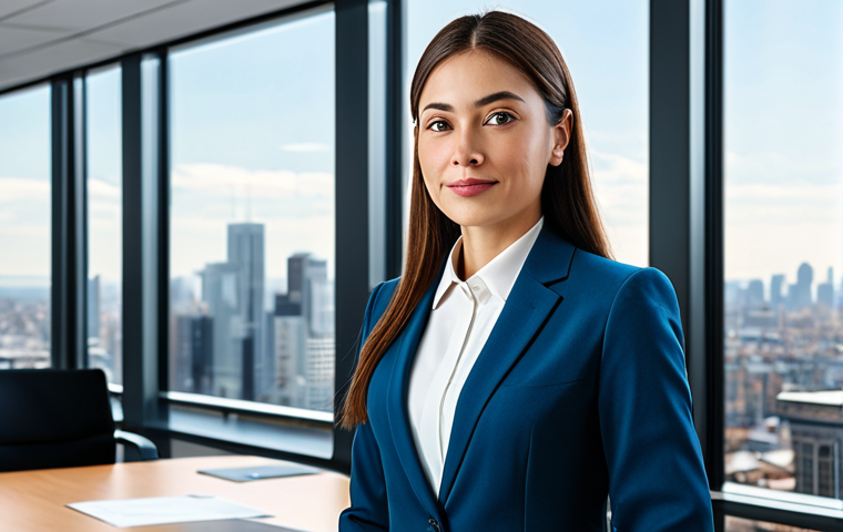 **A professional businesswoman in a modern office.** She is wearing a modest business suit. The office is bright and clean, with large windows overlooking a city skyline. Safe for work, appropriate content, fully clothed, professional, perfect anatomy, natural proportions, high quality.