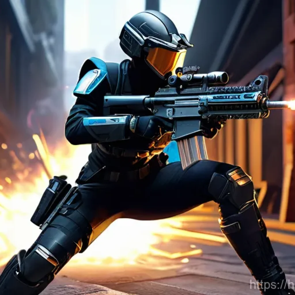 발로란트 총기별 리뷰 콘텐츠 - **Prompt 1: Vandal Duel on Ascent**
    "A full-body, dynamic action shot of a female Valorant agent...