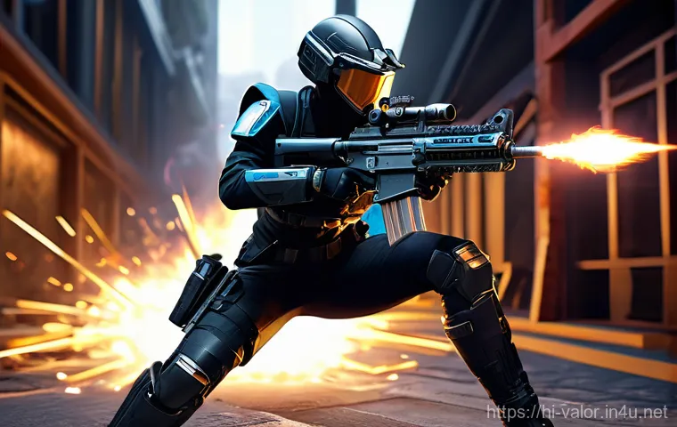 발로란트 총기별 리뷰 콘텐츠 - **Prompt 1: Vandal Duel on Ascent**
"A full-body, dynamic action shot of a female Valorant agent...