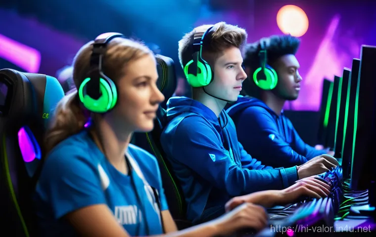 발로란트 전용 이벤트 티켓 정보 - **Prompt:** A diverse group of young adults, both male and female, intensely focused on their gaming...