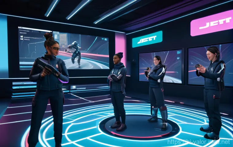 발로란트 유저 피드백 반영 콘텐츠 - **Prompt:** A dynamic, semi-realistic illustration of Jett, a female agent from Valorant, mid-dash a...