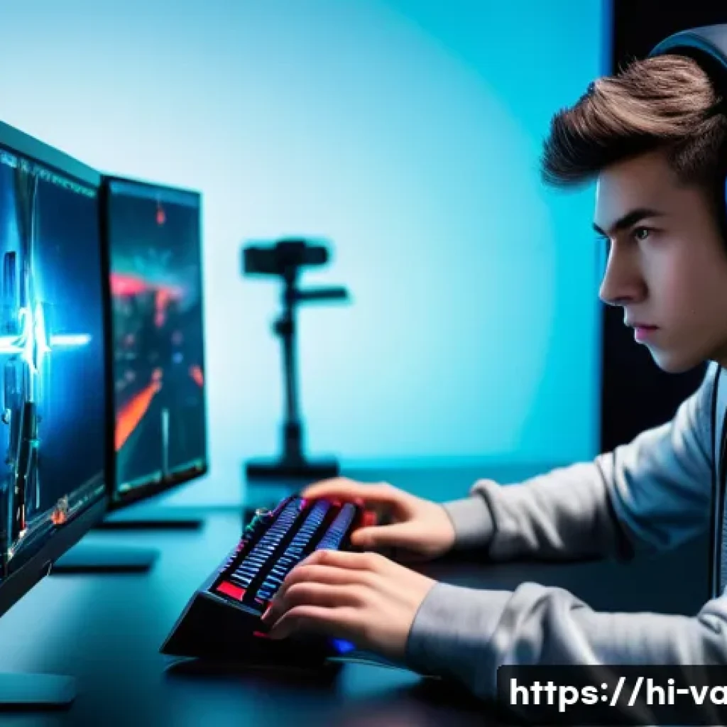 발로란트 실전 훈련 프로그램 - **Prompt:** A highly focused male gamer, late teens, is intensely concentrating at a futuristic gami...