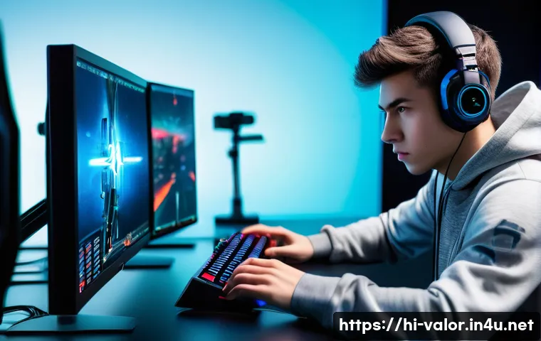 발로란트 실전 훈련 프로그램 - **Prompt:** A highly focused male gamer, late teens, is intensely concentrating at a futuristic gami...